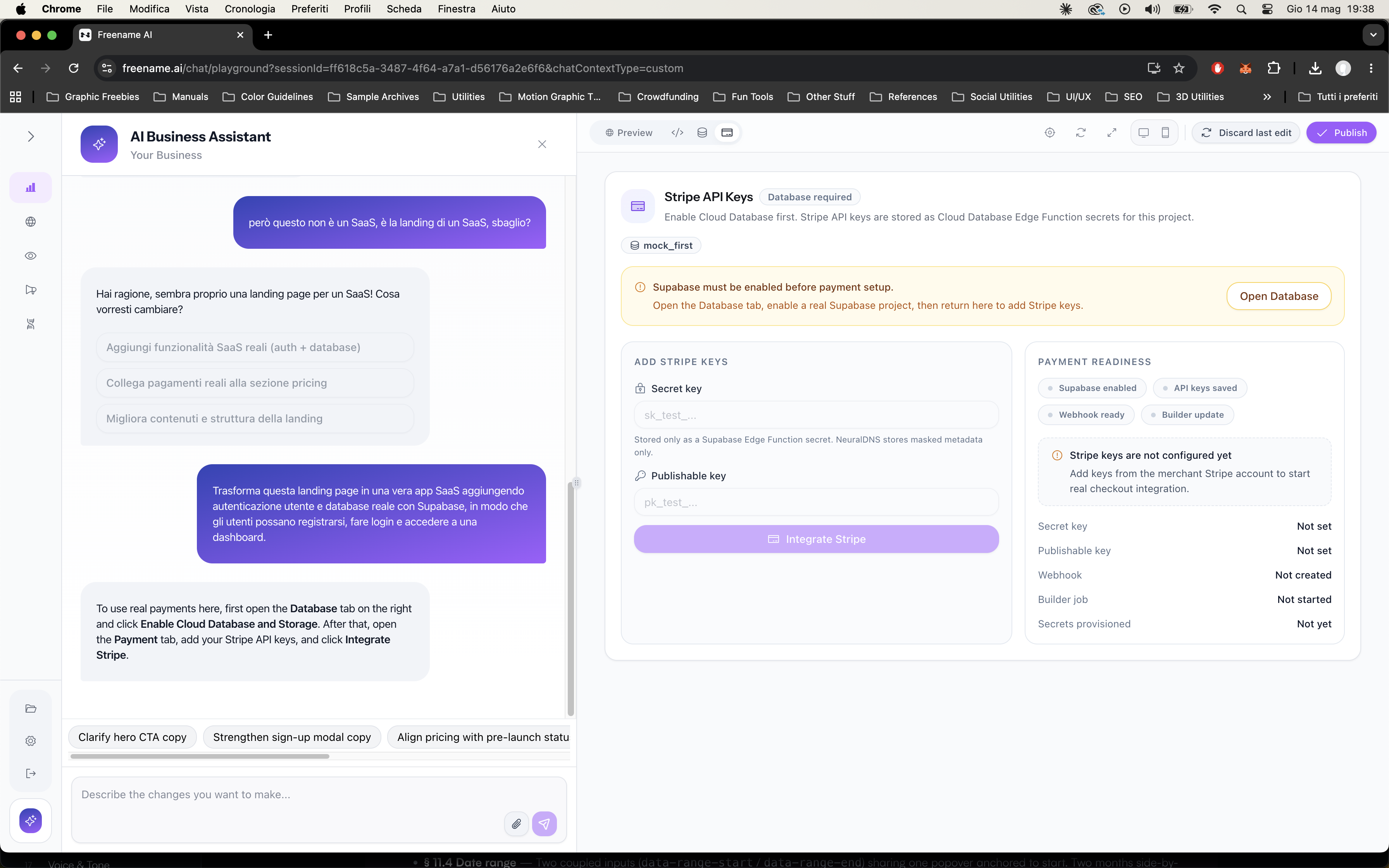 Freename.ai — Stripe API keys + Supabase setup dumped on the user, with 3 chip options below